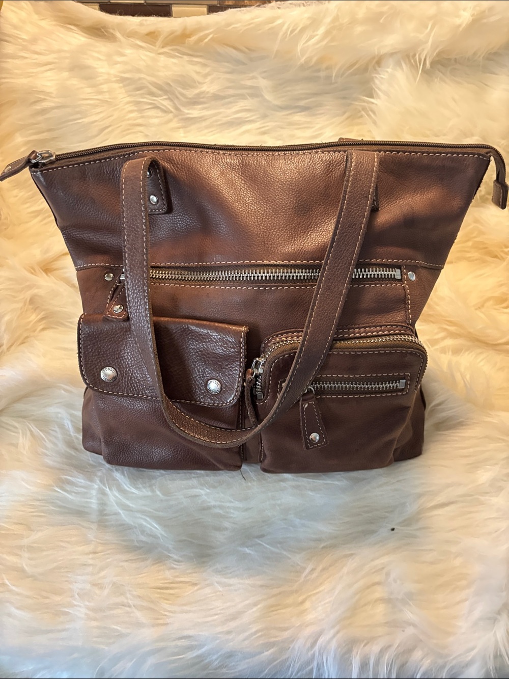 Fossil Brown Leather Multi-Pocket Shoulder Bag